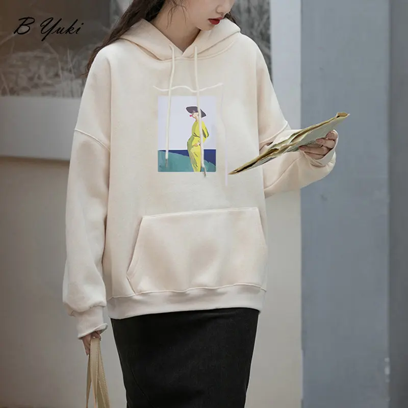 Blessyuki Loose Fashion Harajuku Sweatshirt Women Casual Temperament Simple Printed Pullover Hooded Ladies Retro Streetwear Tops