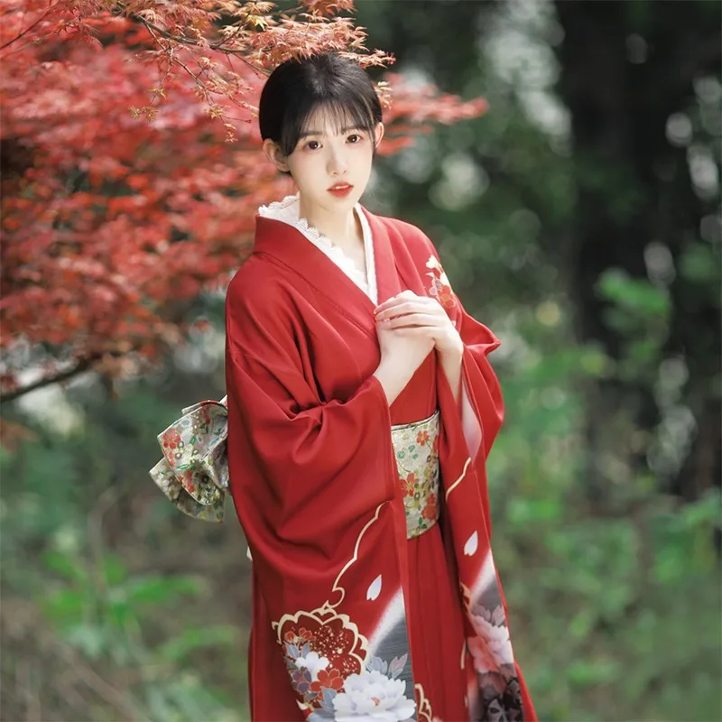 

Japanese Style Kimono Retro Gorgeous Small Furisode Photography Travel Red Peony