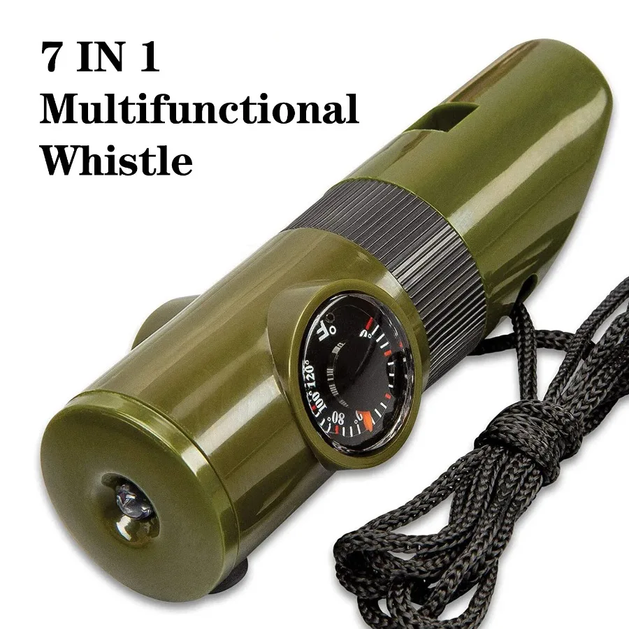 

ABS 7 In 1 Multifunctional Survival Whistle With LED Light; Compass; Thermometer; Magnifying Glass; Mirror; Suitable For Campin