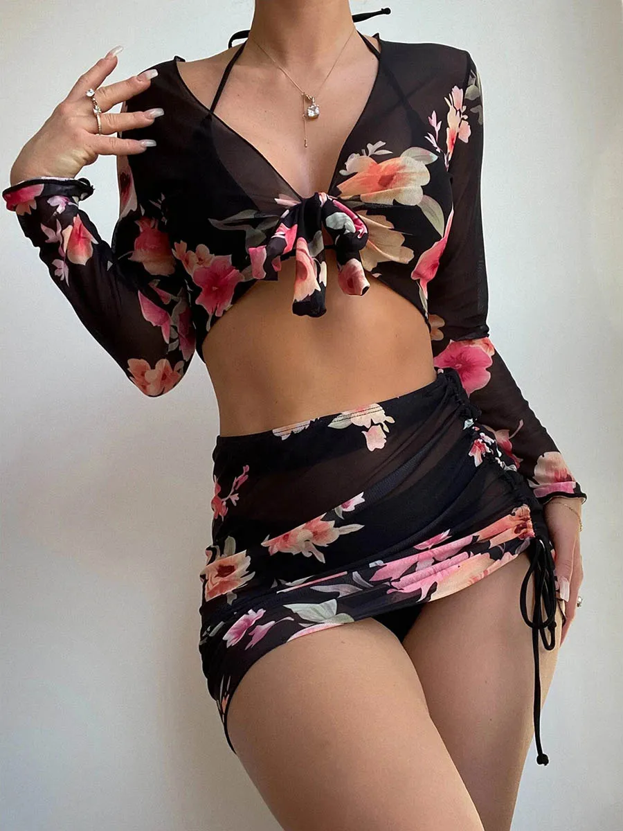

2025 New Sexy 4 Piece Bikini Set Swimsuit Women Long Sleeve Cover Up Tropical Flower Halter Swimwear Beach Wear Bathing Suit