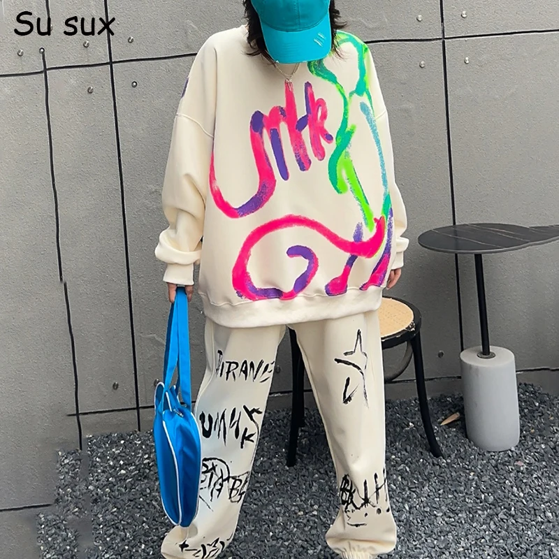 Casual Graffiti Oversized Pullover Sweatershirt 2 Piece Sets Women Outfits Y2k Clothes Sweatpants Pant Sets Vestidos Sportsuits