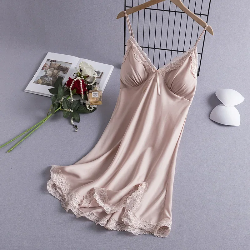 MECHCITIZ Night Sleep Dress Nighties for Women Underwear Silk Lingerie Sling Lace Nightgowns V-Neck Sleepwear Sexy Nightdress