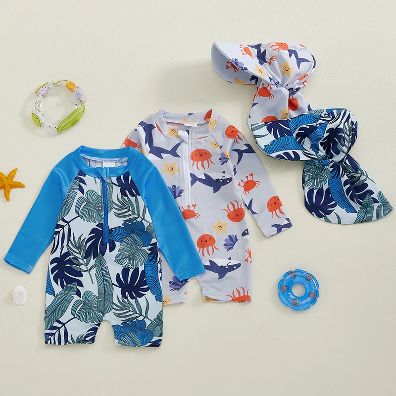 Toddler Boy Rash Guard Swimsuit with Hat 2 Pcs Set Leaves Whale Pattern Zip Up Long Sleeve Crew Neck Baby Boy Swimwears