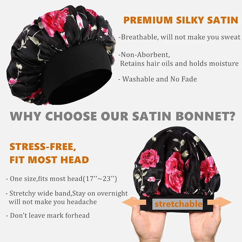 4 TEILE/LOS Satin Breite Krempe Floral Schlummertrunk Motorhaube Haar Wrap Nacht Schlafen Schlaf Kappe Elastische Weiche Band Haarpflege Dusche hut – Detail 2