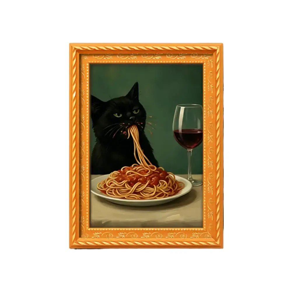 Lustiger Kunstdruck mit schwarzer Katze, die Spaghetti isst, gerahmter Kunstdruck, Mini-Dekomagnet für Kühlschrank, Küche, Zuhause & Geschenk für Katzenliebhaber.