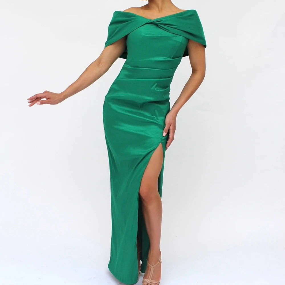 Customized Delicate Pleat Boat Neck Floor Length Side Slit Vestidos Para Mujer Straight Satin Off The Shoulder платье вечернее