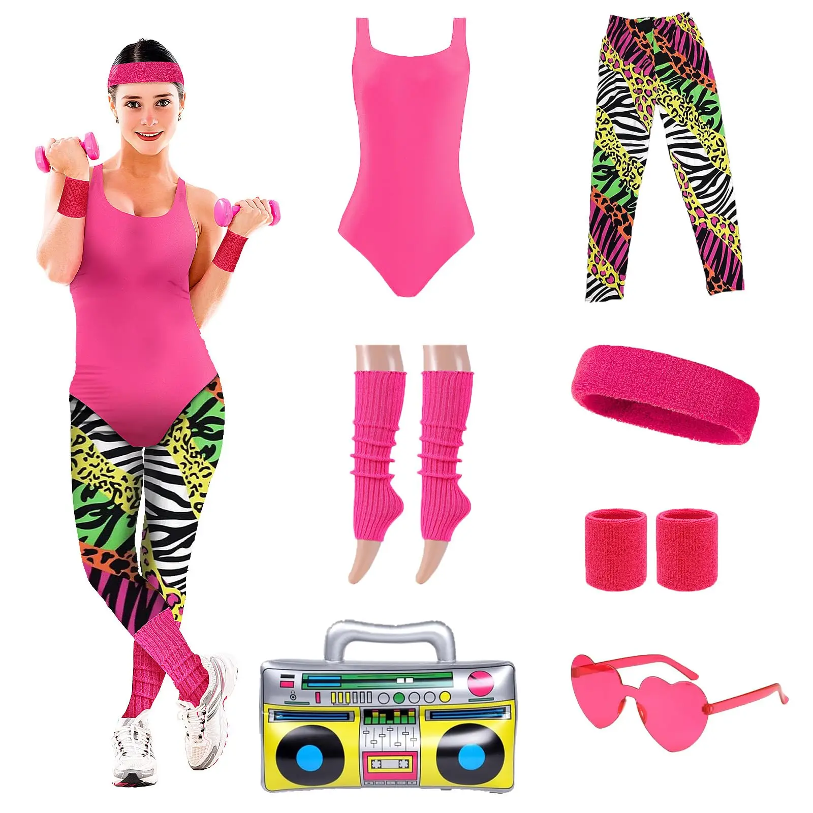 

80s 90s Workout Costume for Women Fancy Dress Neon Leotard Halloween Cosplay Party Accessories Ladies Retro Hippie Dress up Set