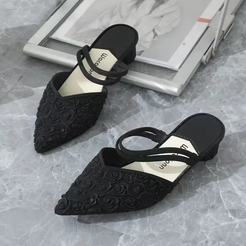 Pointed toe thick heel two-way waterproof summer shallow mouth single shoes fashionable mid-heel non-slip sandals