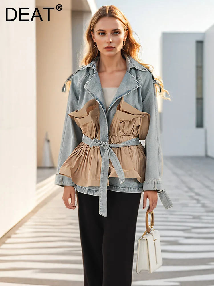 

DEAT Fashion Women's Denim Coat Lace-up Lapel Contrast Color Patchwork Waist Retraction Jackets Autumn 2024 New Tide CPDB222