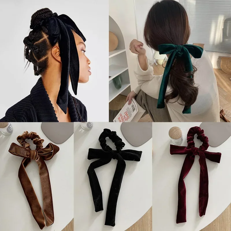 Vintage Velvet Long Tassel Hair Scrunchies Bowknot Women Ponytail Holder Streamer Bows Stretch Hair Bands Hair Ties Accessories