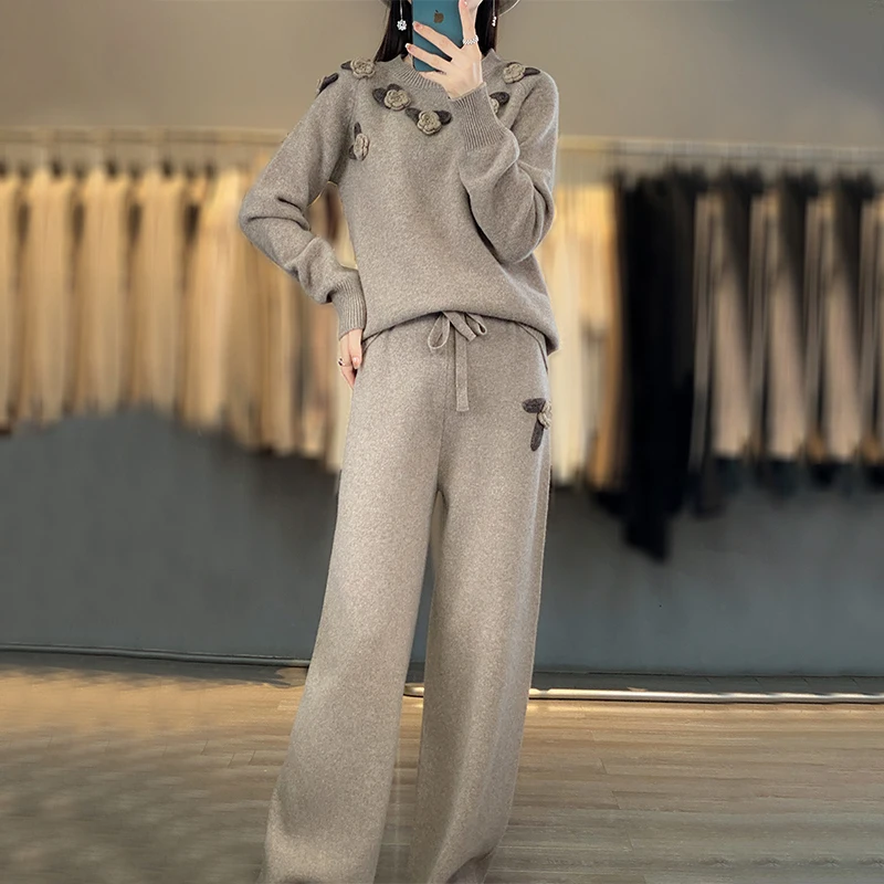Women\'s Suit 100% Merino Wool Two-piece Set Fashion O-Neck Embroidered Jumper Tops High Waisted Knit Trousers For Autumn Winter
