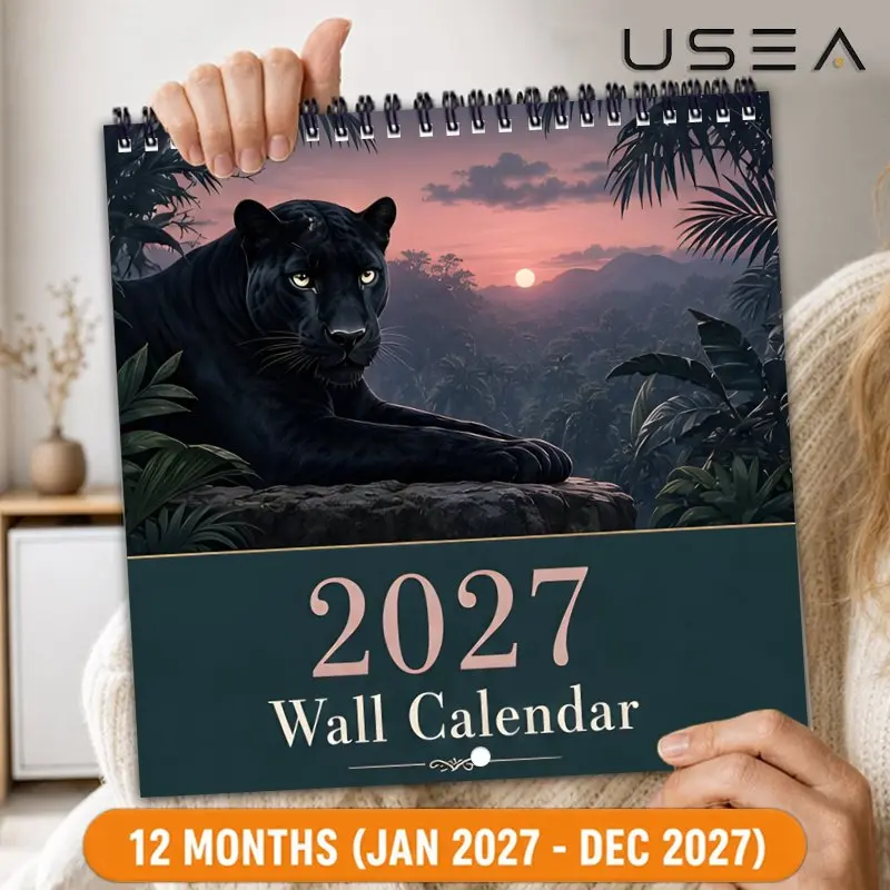 2027 12-Month Wall Calendar, Jungle Sunset Black Panther Themed,US Federal Holidays, Moon Phases, Ideal Home Office Décor & Gift