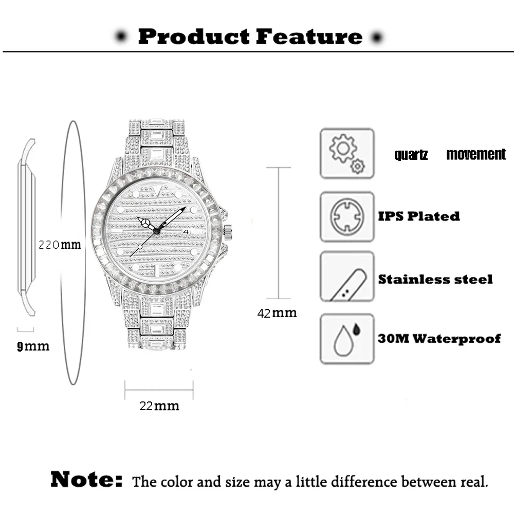 Montre en diamant glacé pour homme, montres à quartz étanches, horloge hip hop pour homme, acier doré, Reloj zones bre, Bling Full AAA, mode