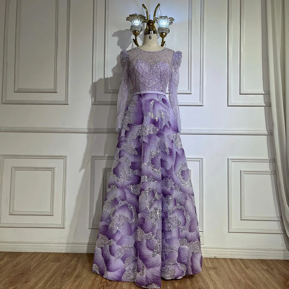 Serene Hill 2025 Customized Muslim Elegant Lilac Beaded A Line Evening Gown for Formal Occasion LA72847