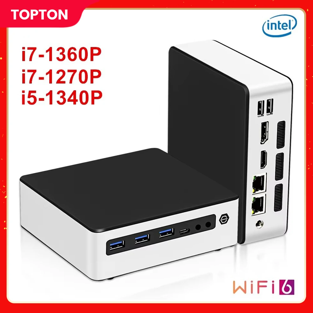 Topton 13th Gen Mini PC i7 1360P 1270P 2xDDR5 4800MHz 2*NVMe Windows 11 NUC Mini Gaming PC Portable Computer 2 LAN HTPC WiFi6