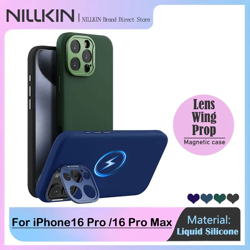 

Магнитный чехол Nillkin Lens Wing для iPhone 16, подставка, защита камеры, жидкий силикон, приятный для кожи, задняя крышка для Magsafe