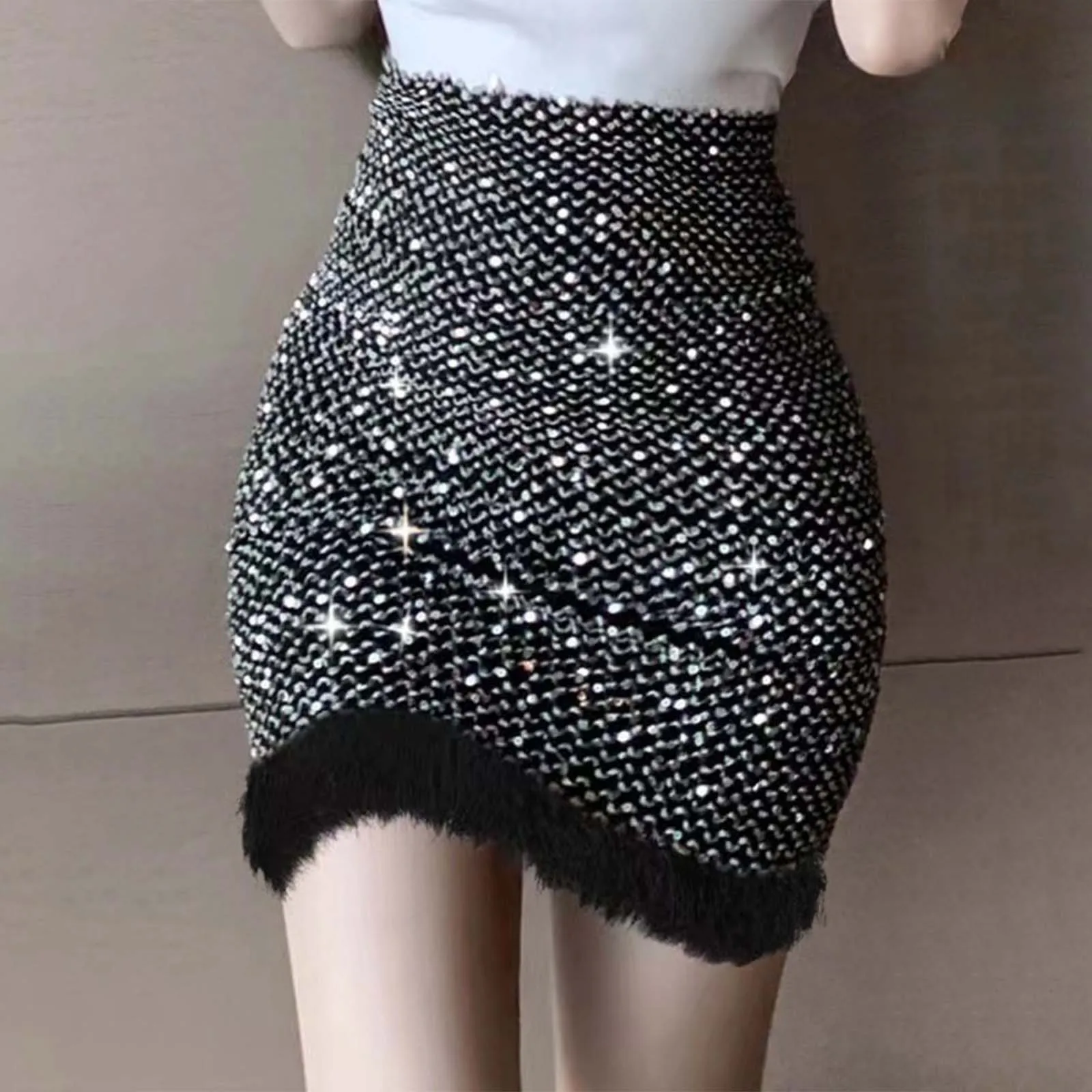 

Women's Sequin Skirts High Waisted Thicken Slim Fit Hair Fringe Skirt Fashion Elegant Ladies Spring Party Daily Casual Skirt