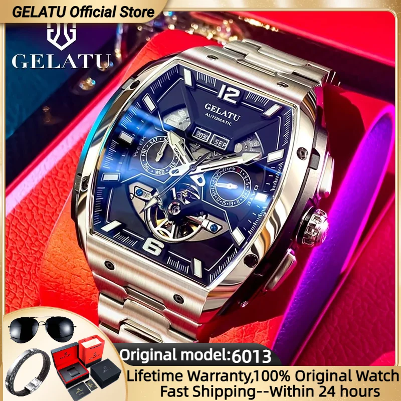 

GELATU 6013, оригинальные механические часы для мужчин, многофункциональные часы с датой, высококачественные полностью автоматические часы из нержавеющей стали, лучший бренд