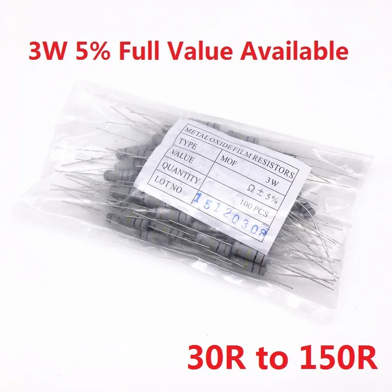 200PCS 3W Oxide Metal Carbom Film Resistor 30R/33R/36R/39R/43R/47R/51R/56R/62R/68R/75R/82R/91R/100R/120R/150R/Ohm 5%