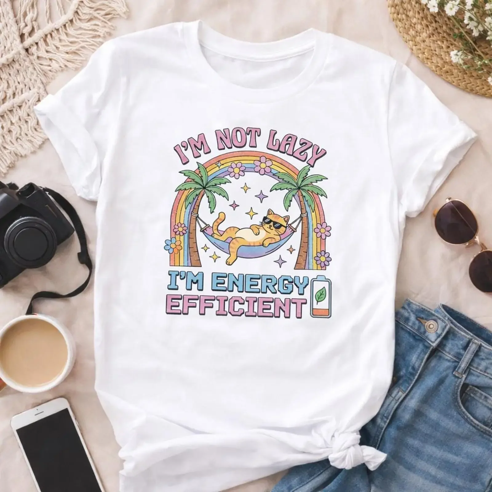 Funny Cat T Shirt I'm Not Lazy Energy Efficient Introvert vintage Washed Stretched designer clothes homme Stylish fashion