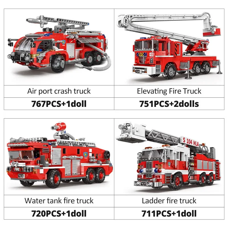 Simulation City Firefighter Rescue Engineering Vehicle Movable Building Block Fire Trucks Model Kit Childrens Assembled Toy Gift