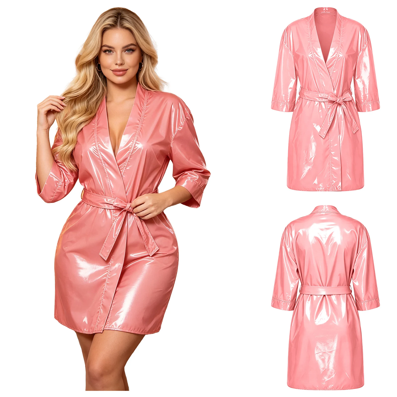 Womens Waterproof Short Robe with Belt Half Sleeve V Neck Open Front Bathrobe Swimwear Cover Up for Pool Party Water Fun Day