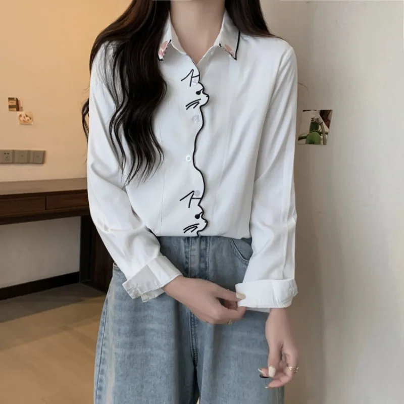 Autumn Office Lady Long Sleeve Embroidery Blouse Elegant Clothes Casual Cat Pattern White Shirt Sweet Women Tops Blusas 7902 50