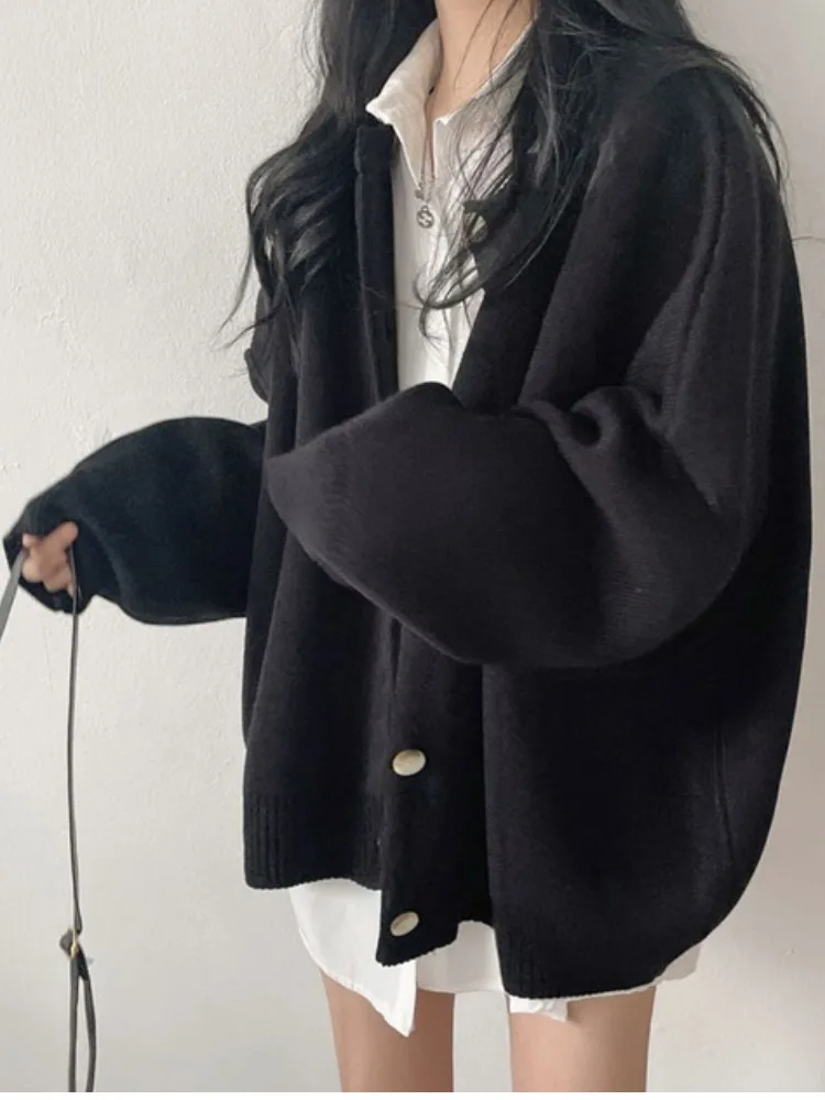 

Retro Lazy Sle round Ne Single Button Loose Knitted Long Sve Sweater Casual Versatile Spring Autumn Outerwear
