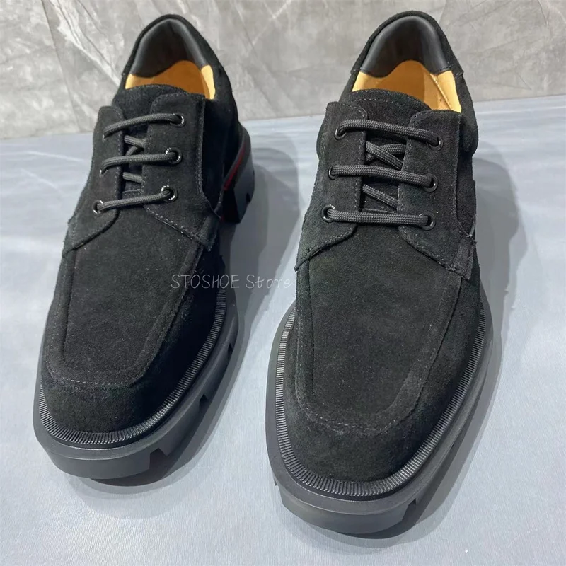 

Suede Leather Lace Up Men's Shoes Black Square Toe Loafers Casual Business Formal Shoes Big Male Size 48 Brand Design Handmade