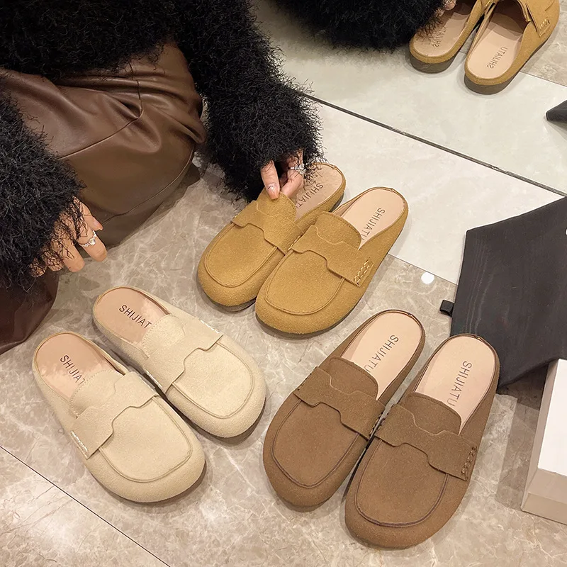 Loafers Flock Slippers Soft Big Size Female Shoes Low Square Toe Slides Comfort 2024 PU Casual Hoof Heels Retro Rubber Fabric