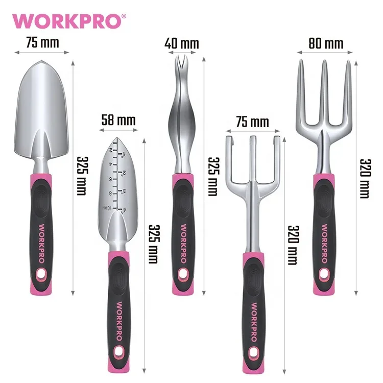 WORKPRO 5pcs Pink Gardening Digging Tools Trowel Transplanter Weeder Hand Rake Fork  Pink Garden Tool Set