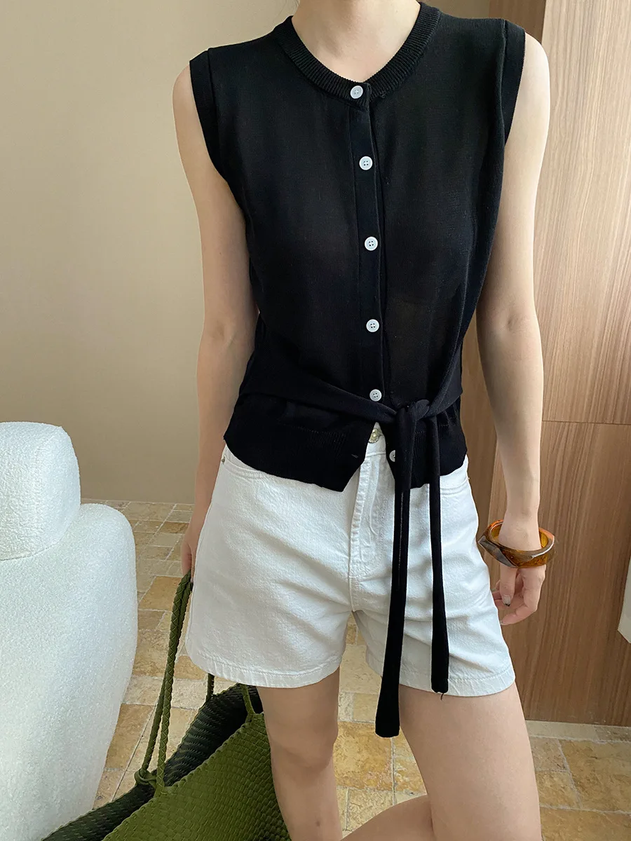 

Spring and summer women's casual solid color round neck sleeveless cardigan sweater