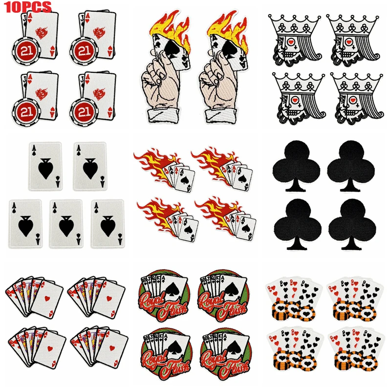 10 unids/lote, venta al por mayor, parches de póker con llamas, sombreros, chaquetas, mochilas, parches bordados, parches para planchar DIY para ropa, insignias de costura