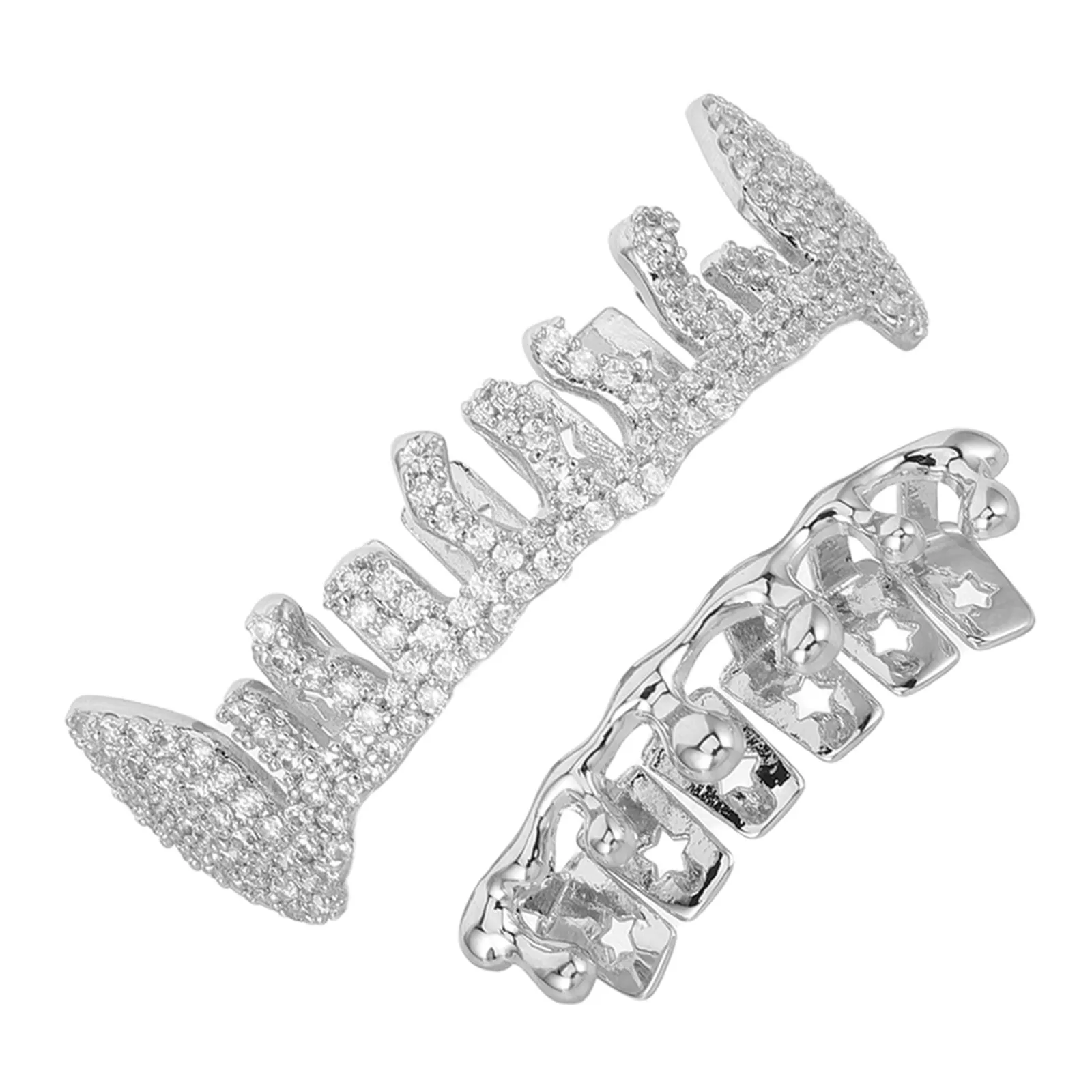 2Pcs Flat Tooth Grills Hip Hop Style Metal Teeth Grill for Men Women Street Style Rhinestone Dental Grill Fake Tooth Cap Cosplay