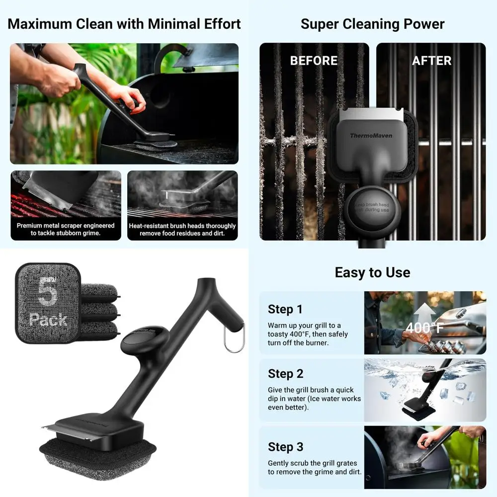 

17 Steam-Safe Grill Cleaning Brush with Scraper and 5 Heads for Porcelain, Gas, and Charcoal Grills