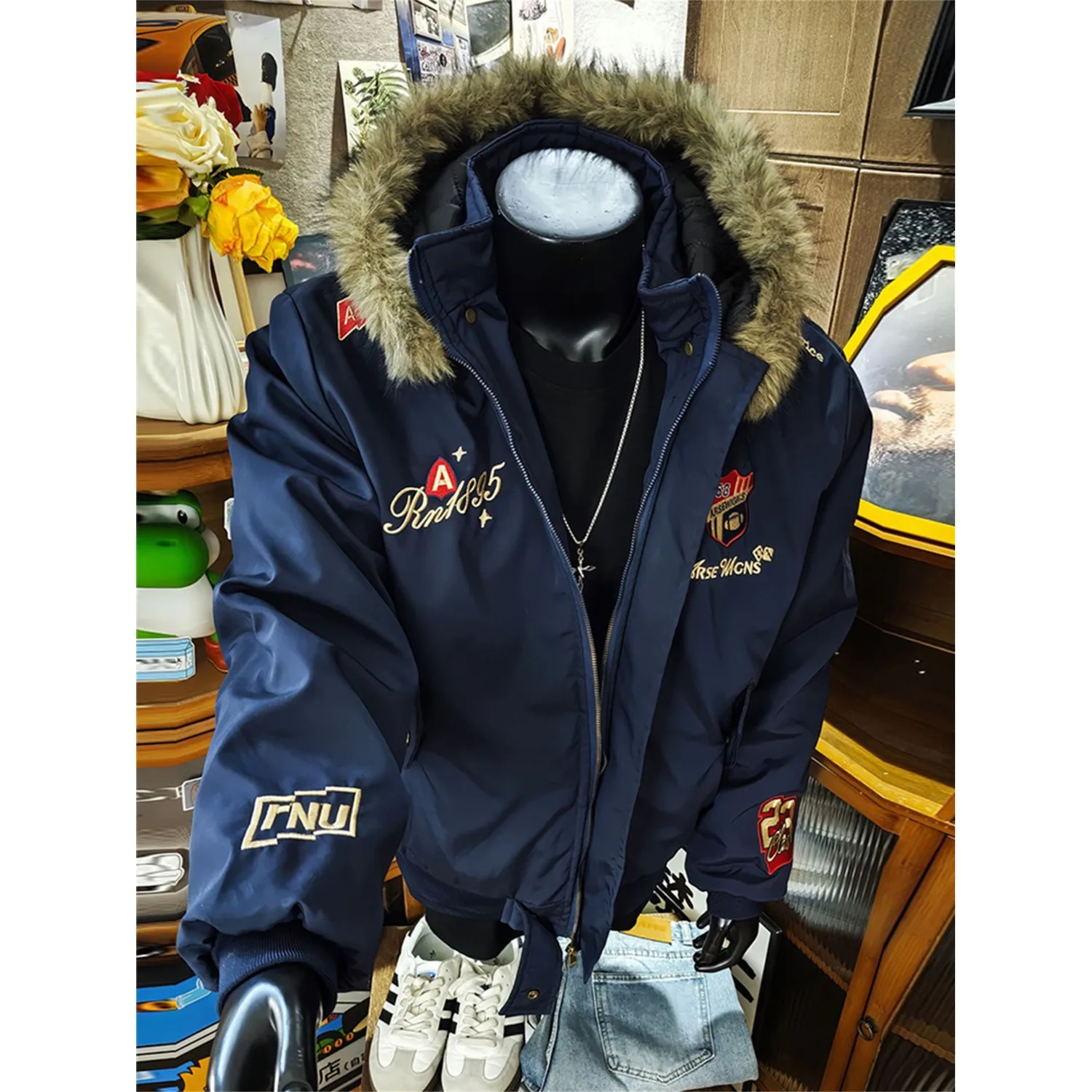 

Утепленная мужская хлопковая куртка в американском стиле с отстегивающимся меховым воротником, дизайн «Горный орел», осенне-зимнее теплое пальто большого размера