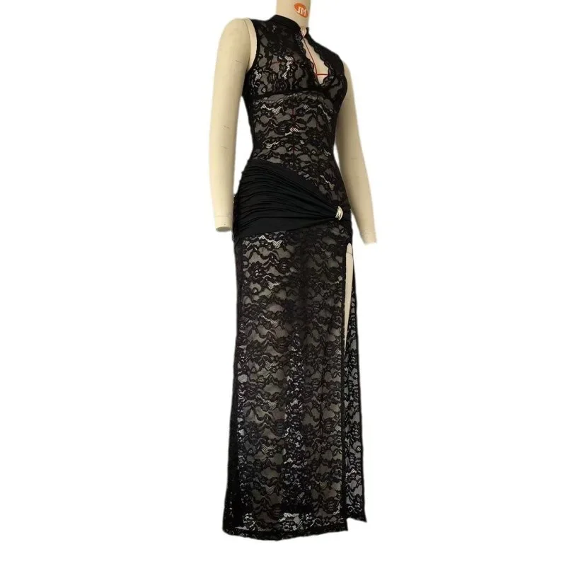 BWQ Abito lungo da donna sexy in pizzo scollato senza maniche con spacco alto abito da sera per club vintage casual aderente trasparente