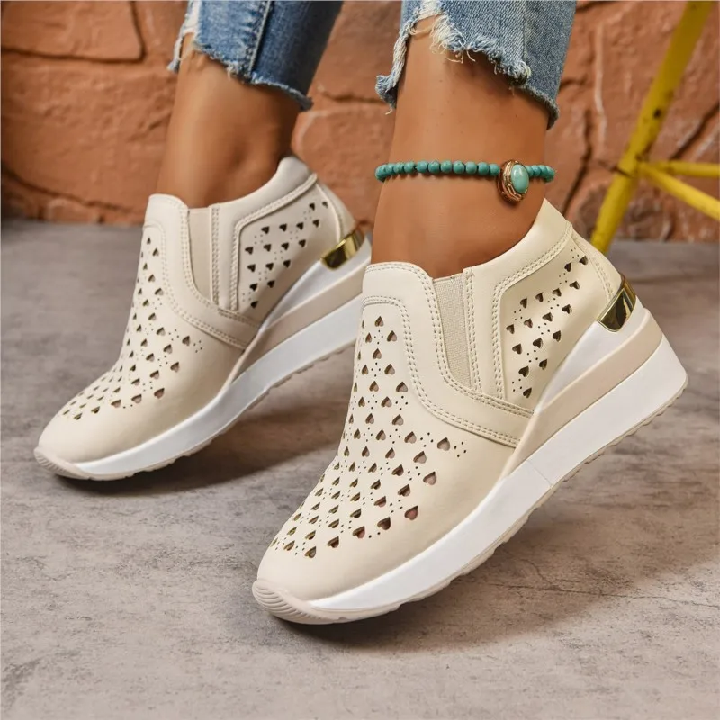 Hot Women Sneakers Height Increase Fashion Beige Running Shoes Lady Casual Summer Hole Zapatillas Mujer Platform Shoes 1560