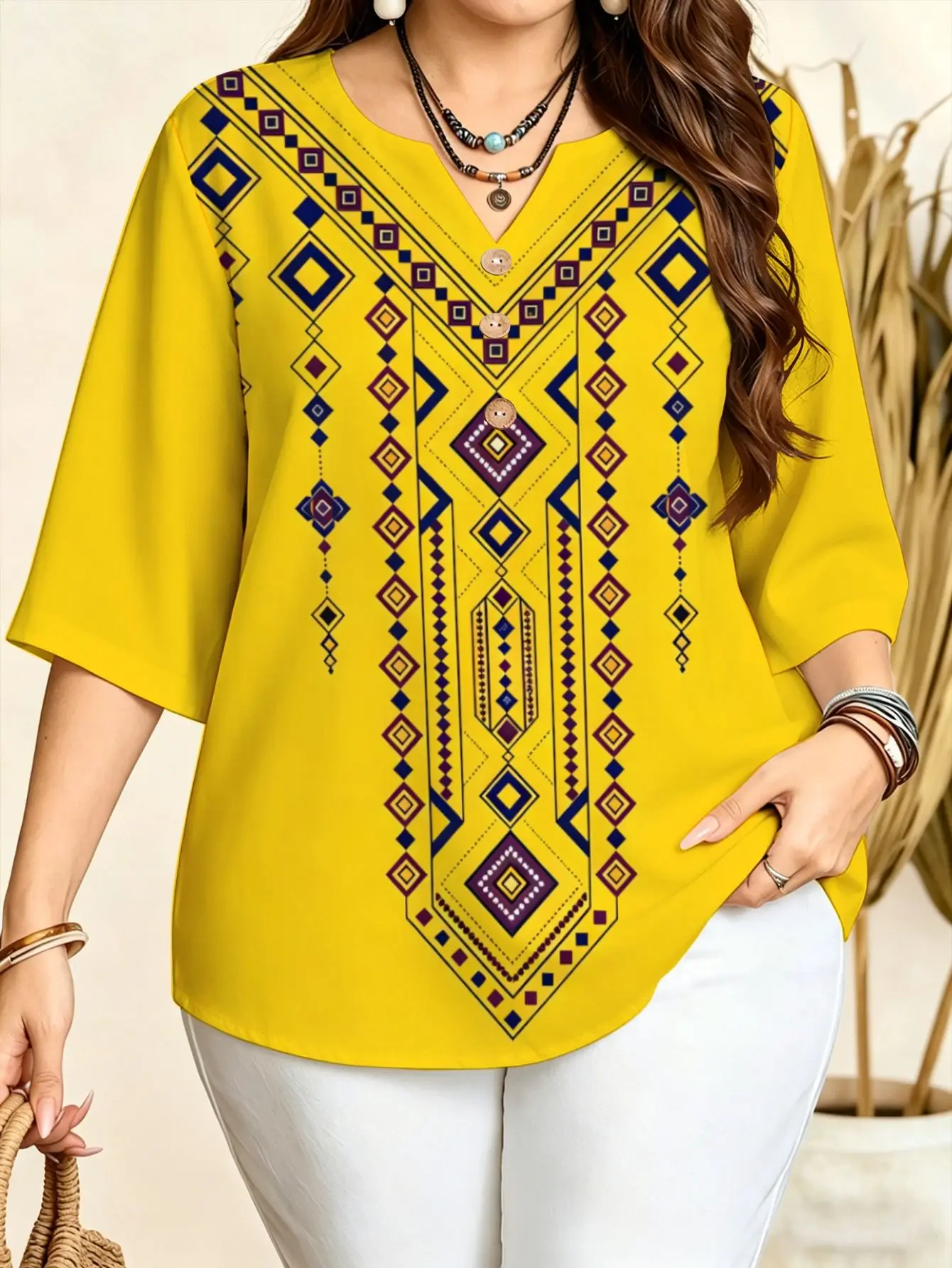 Ethnic Tribal Geometric Floral Print Plus Size Blouses Notch V Neck 3/4 Sleeve Soft Loose Curvy Women