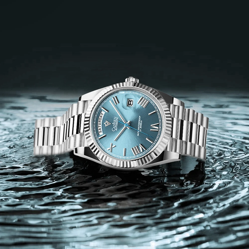 Imagem -04 - Relógio de Vidro Safira dos Homens Cadisen Ice-blue Dial Movt Mecânica Relógio Mergulhador Automático Japão Miyota 8285 C8185