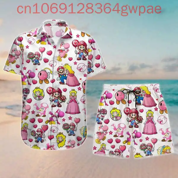 Super Mario Princess Peach Hawaiian Shirt Shorts Set Summer Men's Women's Casual Short Sleeve Beach Shirt Shorts Two-Piece Set