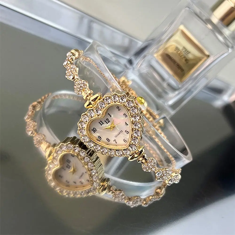 Relógios de quartzo de aço inoxidável pulseira de relógio cravejada de diamantes com pulseira ajustável relógio em forma de coração strass