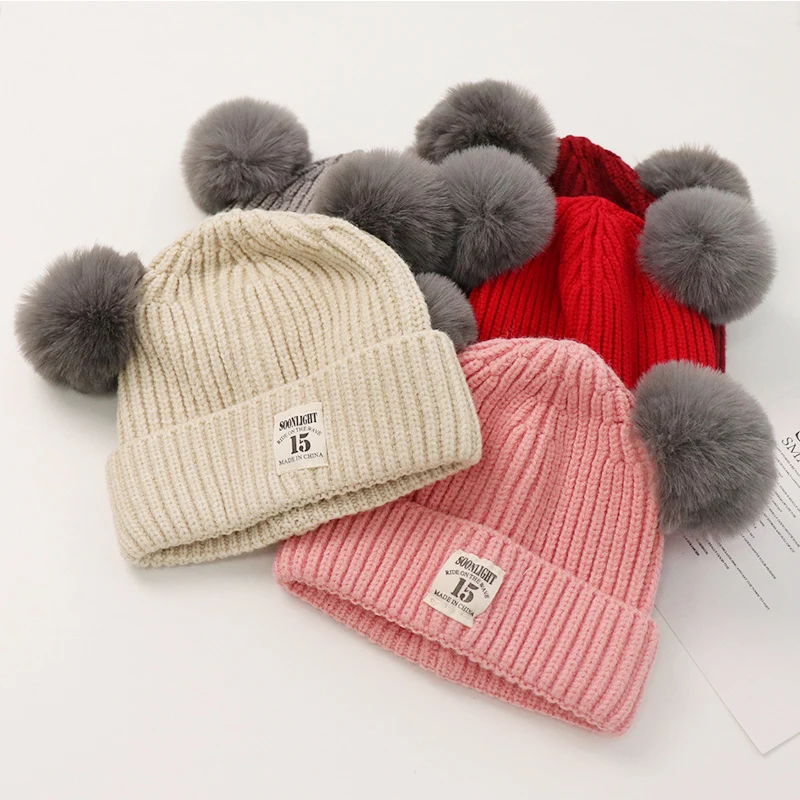 New hipsters Warm hats Boys and girls woollen hats pasted fabric knit baby pullover hats fuzz ears hats