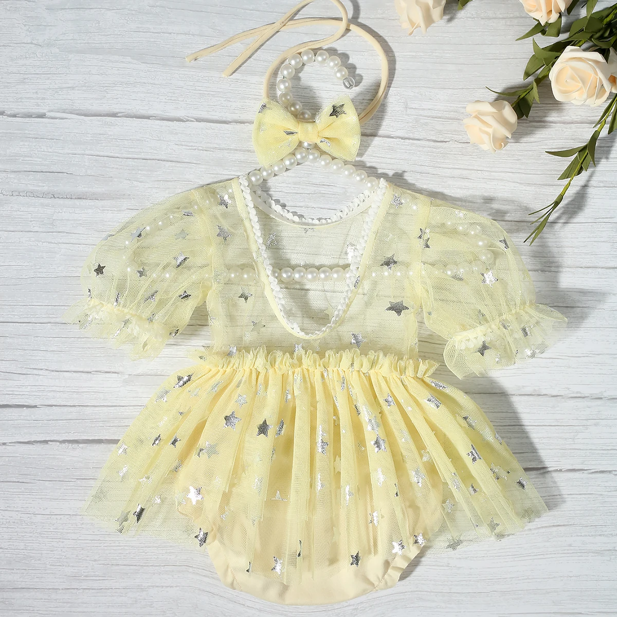 Ylsteed Newborn Photoshoot Outfit Baby Girl Shiny Siver Star Romper with Bow Headband Yellow Mesh Jumpsuit Infant Photo Props