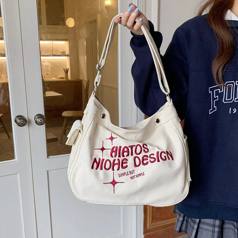 

Large Capacity Canvas Tote Bag Ins Lazy Style Single-Shoulder Crossbody Embroidery College Students Women Shoulder Bag