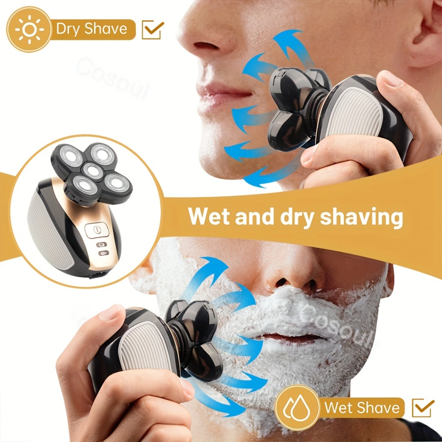 Rasoir à Tête Chauve Rechargeable pour Homme, 5 Têtes Flottantes, Brûles Latérales, Barbe, Tondeuse à Cheveux, Machine à Raser