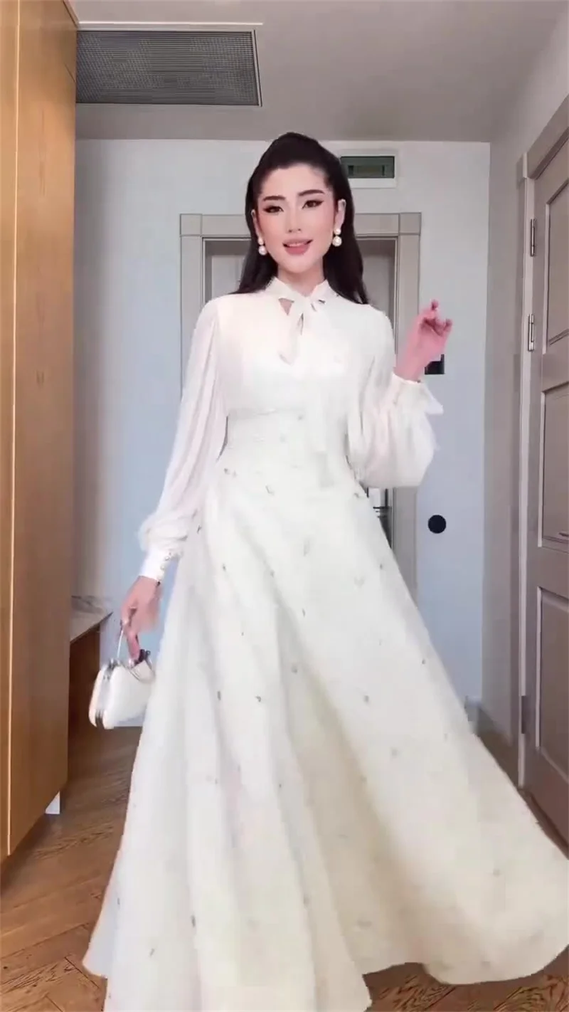 Elegant Prom Dress Bow Tie High‑Neck Long Sleeve Fitted Waist Lace‑Up Back A‑Line Maxi Party Gown Modest Formal Evening Robe