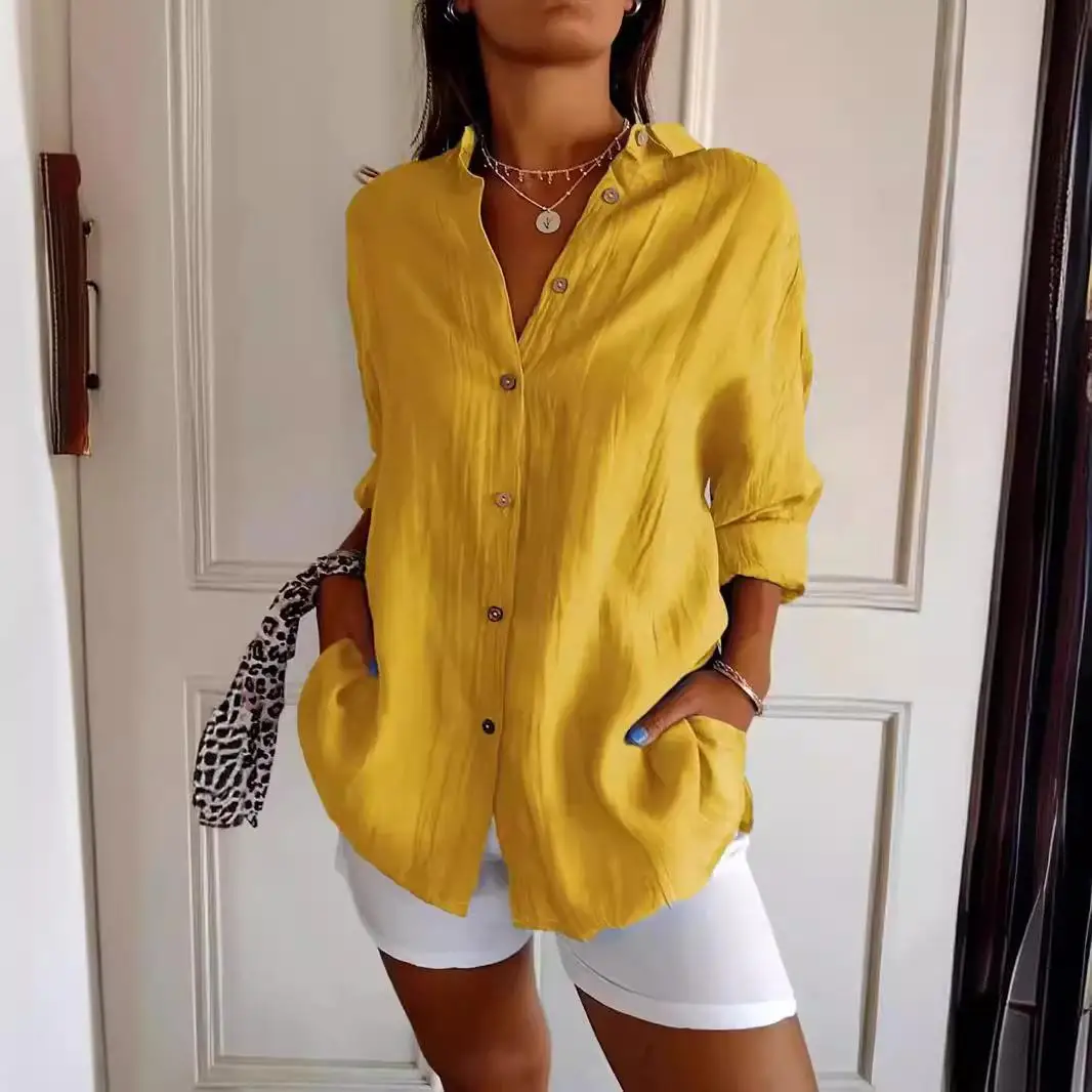 Damen Single Revers irt Svel Top Commute Sle Loose Fit Long Sve Cotton Blend Faionable Sommerkleidung