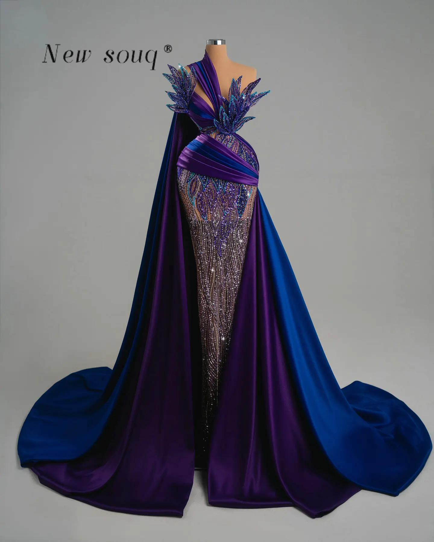 

Purple & Royal Blue One Shoulder Long Cape Prom Dresses Customized Luxury Crystals Beaded Special Occasions Evening Party Gowns