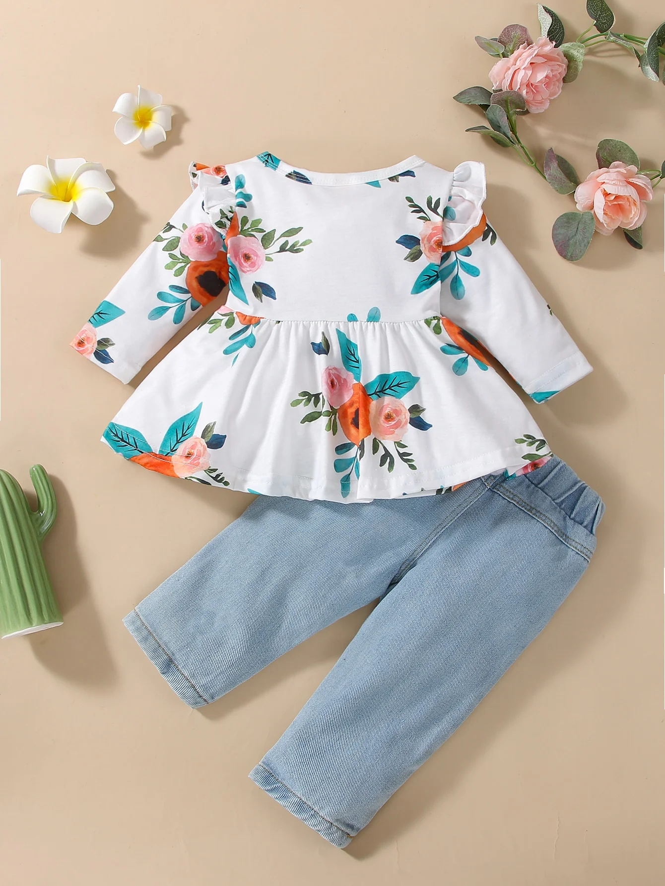 Spring And Autumn Girls Set Round Neck Long Sleeve Flower Pattern Fluffy Top Broken Hole Long Pants Infant Toddler